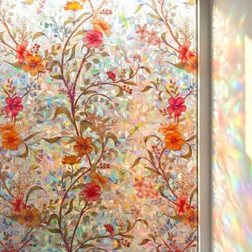 Stained Glass Flowers Window Film Privacy Static Cling Anti UV 17.5x157in