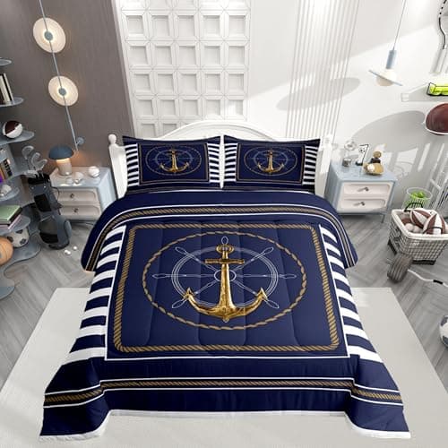 Feelyou Anchor Decor Comforter Set Twin Size Nautical Themed Bedding Set for Boys Girls Teens Ocean Comforter Sea Adventure Duvet Set Navy Blue Quilt Set