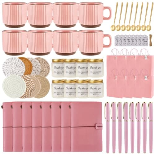 Baby Shower Prizes for Game Winners Baby Shower Games Prizes Ceramic Mugs with Metal Spoons Woven Coasters Notebooks Scented Candles Gift Bags Wedding Bridal Shower Favors for Guests (8, Pink)