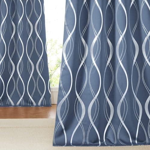 NICETOWN Stone Blue Blackout Curtains 90" Length 2 Panels Set for Living Room and Bedroom, 52" Wide, Foil Printed Wave Lines Energy Saving Thermal Insulated Draperies for Patio Hall Studio