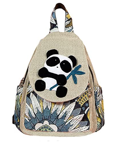 HUANGGUOSHU Small Canvas Backpack, Retro Boho Washed Hippie for Women Daily Commute (Panda Decorations)
