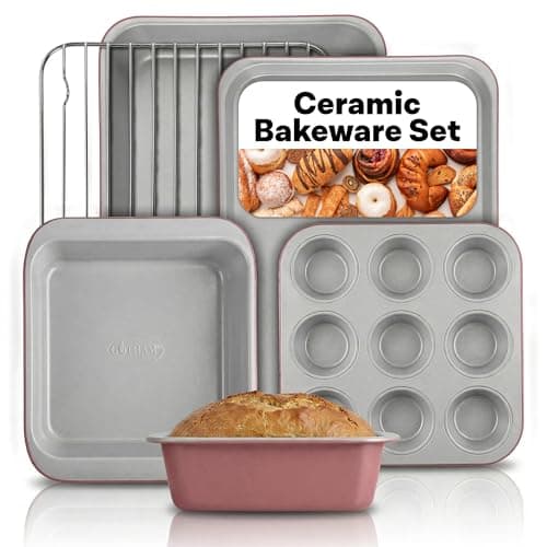 Gotham Steel 6 Pc Stackable Baking Pans Set, 70% Space Saving Design, Ceramic Bakeware Sets Non Toxic Made Without PFOA PFOS, with Baking Sheet Tray, Cake & Muffin Pans, Oven & Dishwasher Safe
