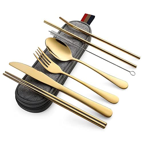 DEVICO Camping Utensils, Full-Size Travel Silverware Set with Case for Work