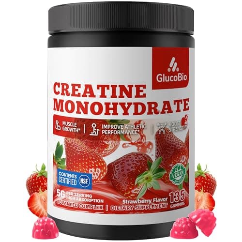 GlucoBio Creatine Monohydrate Gummies (5g) – Pre-Workout Energy & Muscle Growth Support for Men & Women | Strawberry Electrolyte Gummies (135 Count)