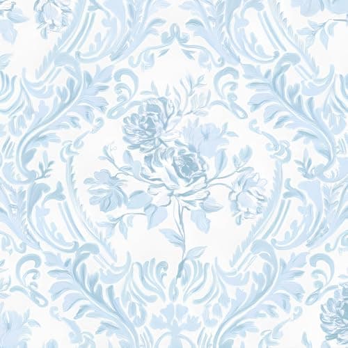 Blue and White Wallpaper Peel and Stick Vintage Floral Contact Paper Watercolor Wall Paper Flower Textured Removable Self AdhesiveVinyl Waterproof for Bedroom Renter Friendly Decor 17.5 in X 6.5 ft