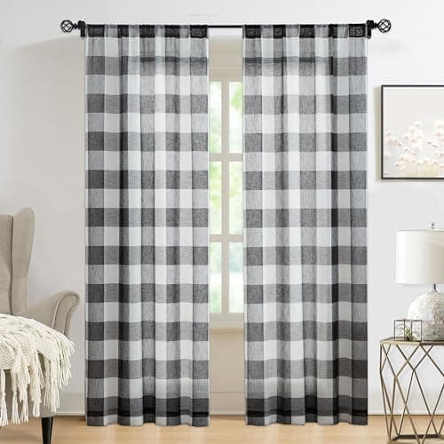 Amzdecor Black White Buffalo Plaid Sheer Curtains for Farmhouse 54 Inch