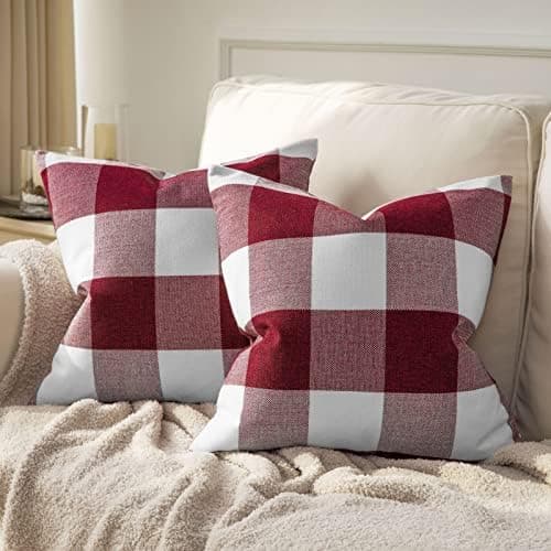 Phantoscope Pack of 2 Gingham Buffalo Plaid Christmas Throw Decorative Pillow Cover Outdoor Indoor Throw Pillows Farmhouse Square Pillow Cases for Home Decor Red,18 x 18 Inches