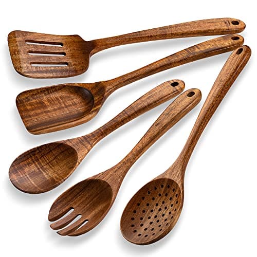 TANAAB Kitchen Wooden Spoons Utensils Set for Cooking, 5 Piece Acacia Wood Spoon Cooking Utensils Apartment Essentials Wooden Turner Spoon Spatula Kitchen Set for Nonstick Cookware