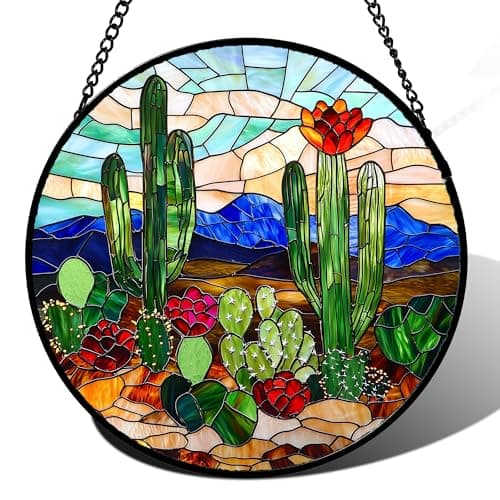 Green Cactus Stained Glass Window Hanging Suncatcher Gifts for Women 7.8"