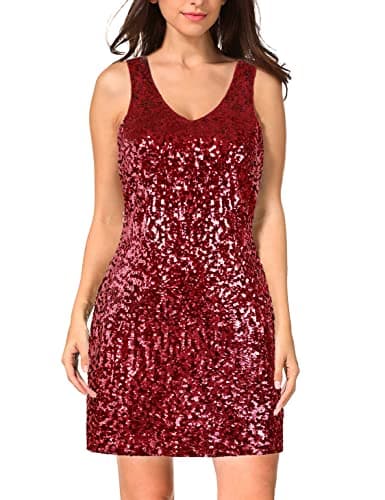 MANER Women's Sequin Dress Sparkly Glitter V-Neck Sleeveless Party Club Cocktail Tank Dress (X-Small,Burgundy)