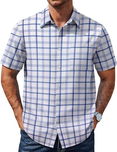 COOFANDY Men's Dress Shirt Short Sleeve Button Down Plaid Shirt Business Casual Plaid Tops with Pocket
