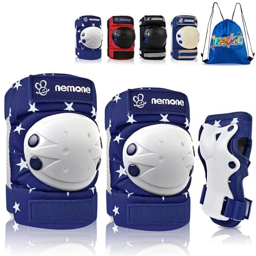 NEMONE Knee Pads for Kids, Girls Boys Knee Elbow Pads Wrist Guards with Drawstring Bag, Adjustable Reflective Protective Gear Set for Roller Skates Bike Cycling Skateboard Scooter - Black White M