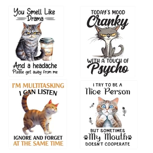 4pcs Funny Cat Kitten Iron on Transfers Heat Transfer Decals Iron on Transfers for T Shirts Patches Sticker for Clothes Pillow Covers DIY Appliques