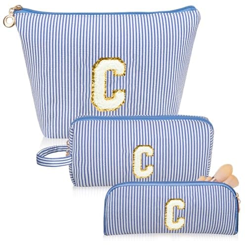 Junesters Initials Makeup Bag Set, Personalized Blue Cosmetic Bag, Cute Large Make up Bags, Travel Toiletry Bag for Women Girl Gifts C (Blue)
