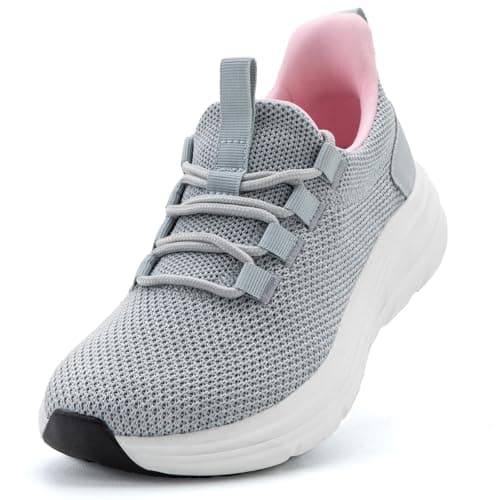 KOLILI Wide Womens Road Running Shoes Slip On Tennis Sneakers for Gym Workout Indoor Outdoor Light Gray/Pink 6 US/37 EU