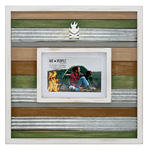 Pavilion Gift Company - Camping-Themed Distressed Wall Picture Frame, Holds 4x6 or 5x7 Photo, 1 Count, 14 x 14 inches
