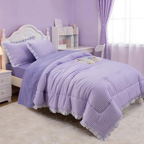 Meeting Story Purple Checked Plaid Comforter 5Pieces Set with Ruffles,Full Breathable Girls Bedding(Purple,Full)