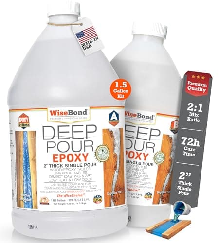 WiseBond Deep Pour Epoxy Resin 1.5 Gallon Kit, Made in USA, Slow Cure 2:1 Mix, Food Safe for River Table, Object Cast, Bubble Free, Clear High Gloss, Mold, Art, Wood, UV & Temp Resistance