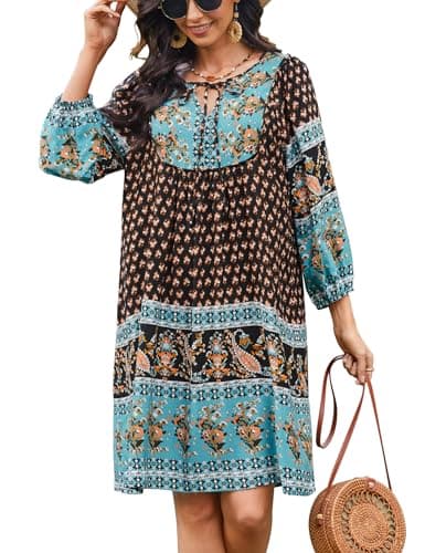 Bluetime Women Casual Summer Dress Boho V Neck 3/4 Sleeve Babydoll Floral Print Flowy Beach Dress (L, Black Blue)