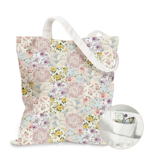 Ialtsidws Aesthetic Floral Canvas Tote Bag for Women - with Magnetic Snap Closure & Zipper Inner Pocket Reusable Totes Bag, Reusable Canvas Shoulder Bag for Women