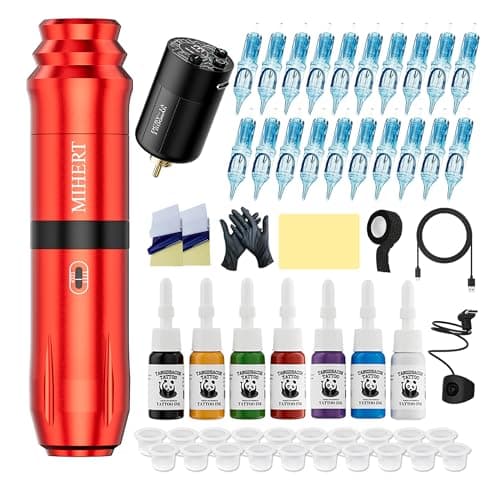 MIHERT Tattoo Gun Kit with Wireless Rotary Tattoo Machine, 1500mAh Battery, 20 Tattoo Cartridge Needles, 7 Tattoo Inks, Tattoo pen for Beginners and Professionals (Red)