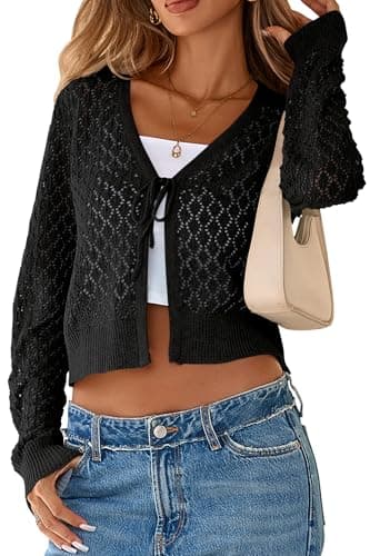 SimpleFun Black Cropped Cardigan for Women Lightweight Long Sleeve Cute Shrugs Sweater for Teen Girls Black,M
