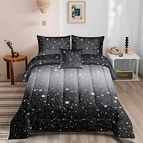 ROWADALO 6 Pieces Black Grey Glitter Sparkles Comforter Set Queen Size,Galaxy Starry Sky Bedding Sets 6Pcs Bed in A Bag for Kids Teen Girls Ultra Soft All-Season Girls Comforter Set,DJT-GB5001Queen