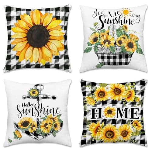 pinata Sunflower Spring Pillow Covers 20x20 Set of 4, Summer Outdoor Pillow Covers Sunflower Decor, Sunshine Black Plaid for Farmhouse Sofa Couch Indoor Home Throw Pillows Case(No Insert)