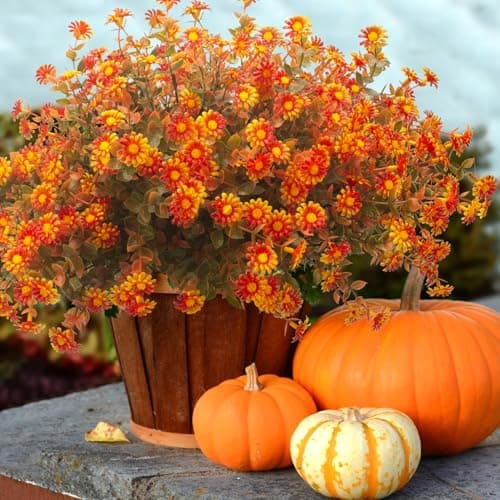 Grunyia 12 Bundles Artificial Fall Flowers for Outdoors Fake Plants - Faux Outside Greenery Boxwood No Fade Plastic Shrubs Decor Farmhouse Home Garden Thanksgiving (Fall Red)