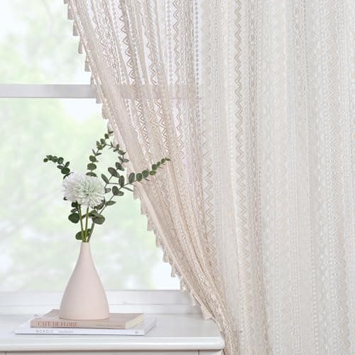 JOOJA Boho Crochet Semi Sheer Lace Curtains 96 inch Length 2 Panels Set, Rod Pocket Farmhouse Beige Curtains Vintage Cotton Tassel Window Treatment for Bedroom Living Room 59x96