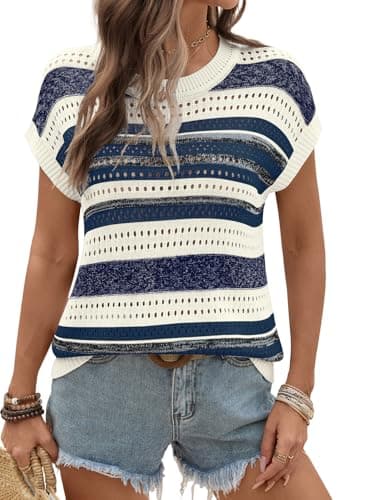 Ivicoer Women's Clothing Short Sleeve Sweaters for Women 2026 Women Fashion Crochet Tops Beach Vacation Clothes Striped Blue Top M