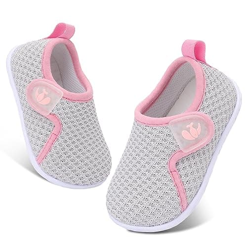 FEETCITY Baby Sneakers Boys Girls Slip On Shoes First Walking Crib Shoes Pink Grey