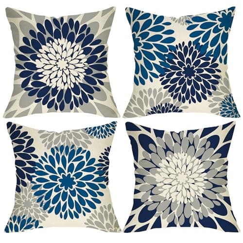 Fjfz Dark Blue Grey Dahlia Decorative Throw Pillow Covers 18 x 18 Set of 4