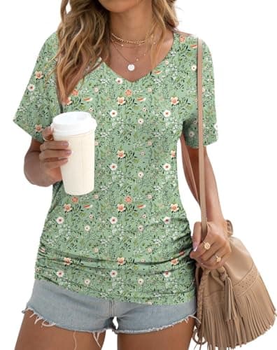 Anydoll Women 2026 Summer Tops Casual Dressy Shirts Short Sleeve Tunics V Neck Beach Floral Ruched Blouse Small