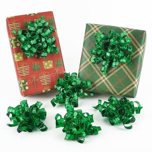HUIHUANG Green Bows for Gift Wrapping Metallic Burst Curly Ribbon Bows Self Adhesive Emerald Christmas Gift Bows for Presents, Treat Bags, Wedding Bridal Shower Party Favor-5 inch x 6 Counts