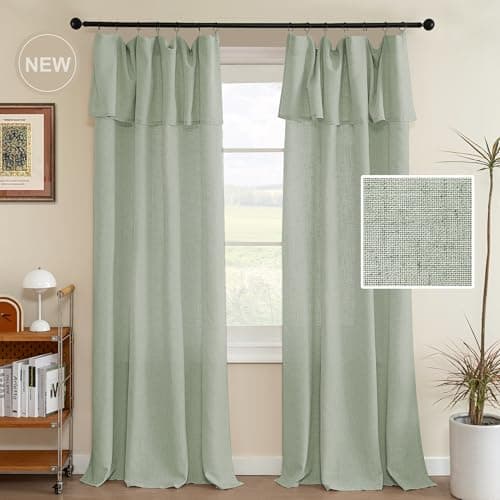 H.VERSAILTEX Linen Curtains with Valance 108 Inch Length for Living Room Boho Window Curtain, Drapes 2 Panels Set for Farmhouse Treatments Rod Pocket/Ring Top for Bedroom 52 x 108 Inch, Green Bay