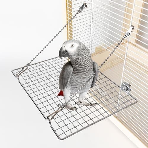 Bird Perch for Cage 10.6" Stainless Steel Grate Platform Parrot Stand with Anti-Tip Chains, Easy-Clean Mesh Design for Parakeets, Cockatiels, Conures, Lovebirds, Budgies