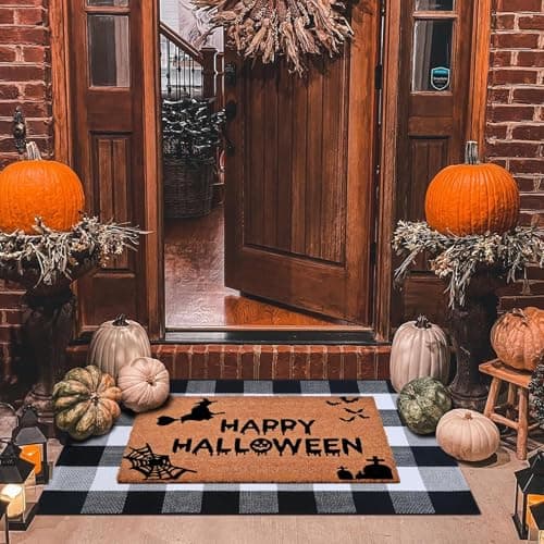Homydecor Halloween Decor Doormat Combo Set, 100 Percent Coco Coir Welcome Mat + 28X43 Inches Black and White Plaid Rug - Halloween Front Porch Entryway Decor Floor Mat, Outdoor Mats Happy Halloween