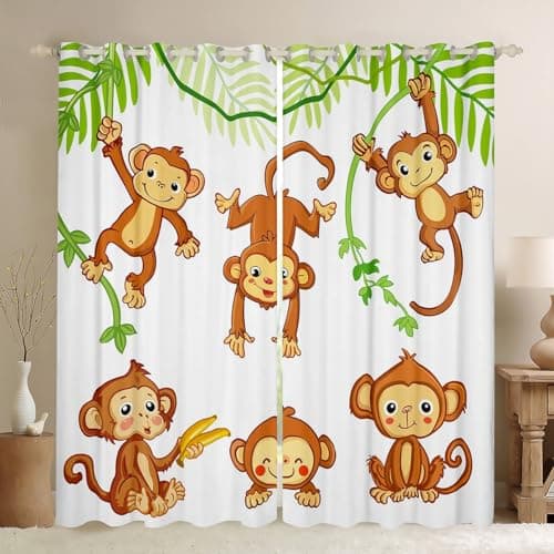Kids Cute Monkeys Window Curtains for Bedroom Living Room Cartoon Monkey Banana Decor Curtains Boys Girls Wild Animal Pattern Window Drapes Natural Wildlife Window Treatments,38 X 45 Inch,2 Panels