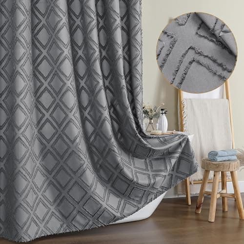 OWENIE Extra Long 96 Inch Grey Shower Curtains, Boho Fabric Shower Curtain Grommet Top With 12 Hooks, Elegant Modern Jacquard Geometric Design Textured Shower Curtain for Bathroom, Grey, 72"W x 96"L