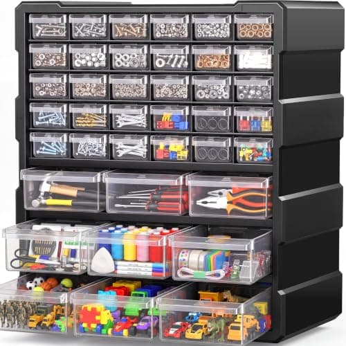 SSRTK Drawer Organizer for Garage Building Bricks Storage,Thicker Craft Organizers Storage with Dividers Labels for Hardware,Screws,Nuts Bolts,Teacher Toolbox,Charms,Beads,Craft,Scrapbook