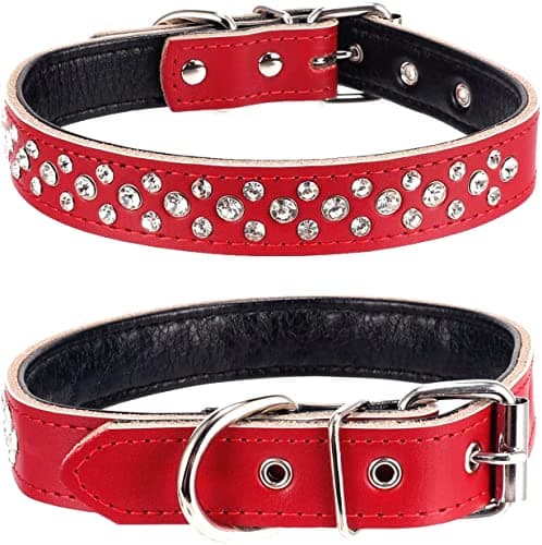 Pimaodog Rhinestones Dog Collar, Adjustable Sparkly Crystal Studded Genuine Leather Pet Dog Collar for Small and Medium Dogs (L, Red)