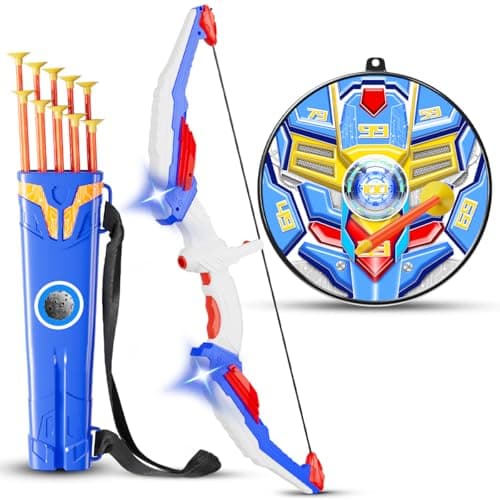 MLDKA Kids Bow and Arrow Set, LED Light Up Archery Toy Set with Suction Cup Arrows, Standing Target & Quiver, Indoor and Outdoor Toys Sport Gifts for Kids, Boys & Girls Ages 4 5 6 7 8 9 10 11 12