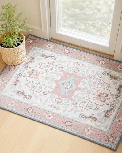 MINIDEAR 2x3 Area Rugs for Entryway, Kitchen, Washable Rug Small Rugs for Bedroom Non Slip Vintage Rug with Floral Print Carpet Mat for Home, Pink
