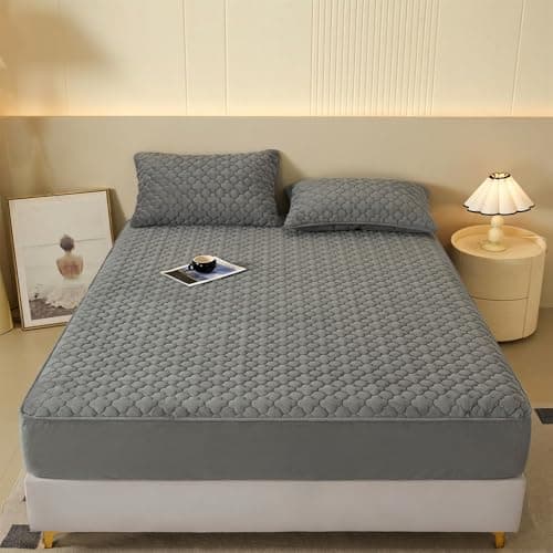 Pangzi Solid Flannel Plush Bedding Fitted Sheet,Velvety Soft Heavyweight Non-Slip Protective Cover for Bed Mattress (King, Gray)
