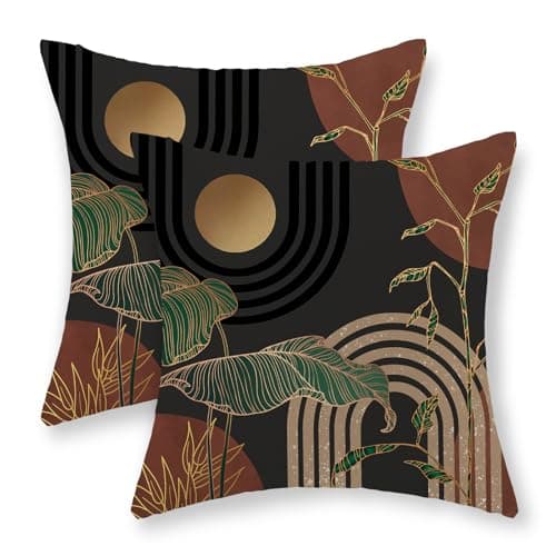 GOLIANDA Boho Grey Rust Brown Pillow Covers 18x18 Set of 2 Gold Green Leaf Tropical Mid Century Throw Pillows Outdoor Bohemian Modern Decorative Pillowcase Farmhouse Cushion Case for Couch Sofa Decor