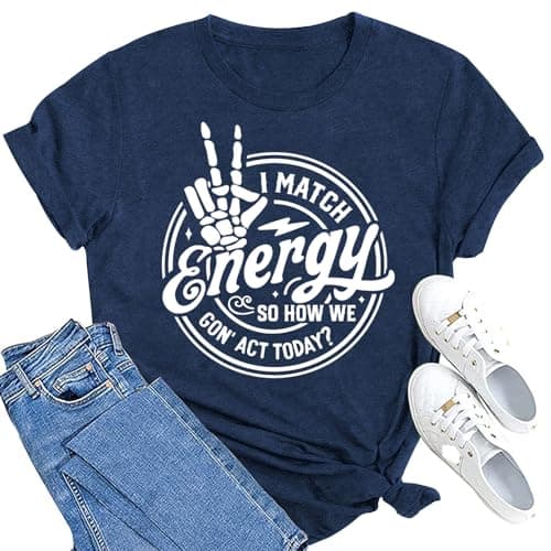 MAIHUN Women I Match Energy Shirt Funny Skeleton Hand Tshirt Inspirational Power Tee Tops Blue