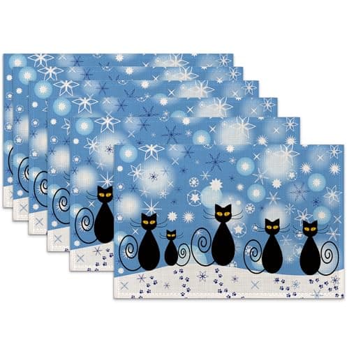 Christmas Linen Placemats Set of 6,12x18 Inch Black Cat Snowflake Washable Table Mats Heat Resistant Place Mats for Home Party Kitchen Dining Decoration