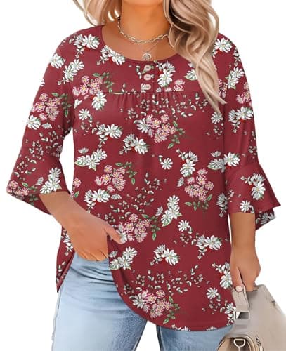 Rapbin Plus Size Womens Summer Tops 3/4 Sleeve Crew Neck Tunic Spring Button Loose Work Blouses (Wine Red Flower, 5XL)