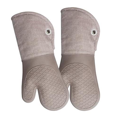 Professional Microwave Silicone Oven Mitts one Pair, Kitchen Mitten Set for Heat Resistant with 500 Degrees, Kitchen Gloves Pot Holder for BBQ Cooking Baking (Khaki)
